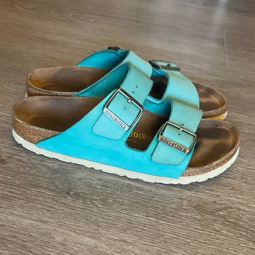 Birkenstock Arizona Nubuck Suede Sandals Billiard Turquoise Blue Sz 38 L 7 M 5